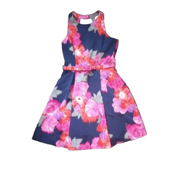 Eliza J Floral Mini Halter Dress Sz 6 Navy Pink Belted Fit In Flare Pockets - Picture 10 of 14